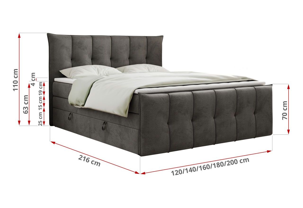 Łóżko kontynentalne PREMIUM 11 KING 140x200 - H4 - ciemnoszary, welwet