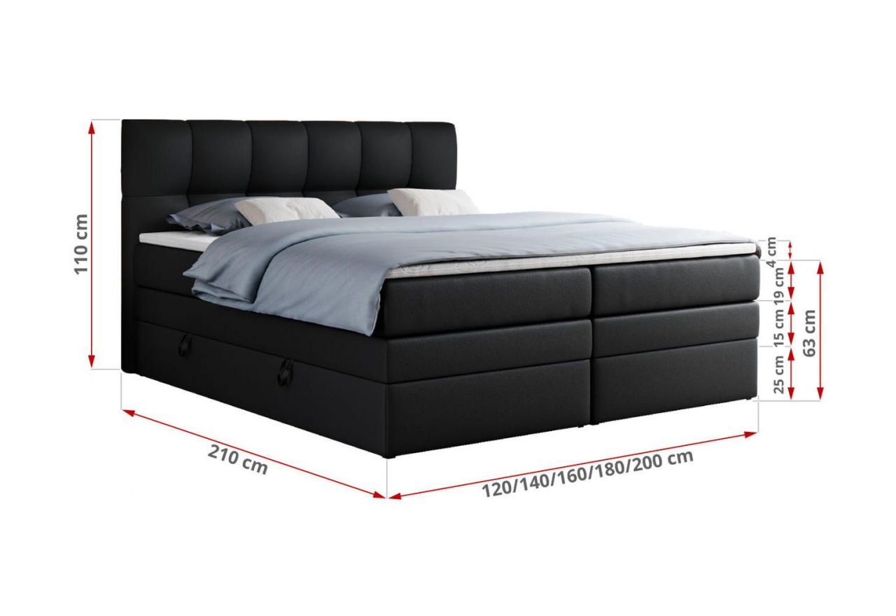 Łóżko kontynentalne ALVIN KING 120x200 - H3 - czarny, ekoskóra