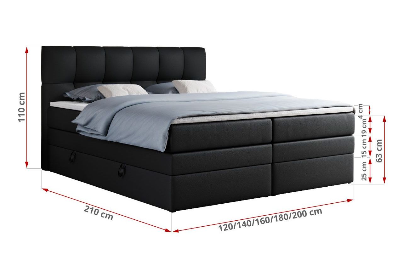 Łóżko kontynentalne ALVIN KING 200x200 - H4 - czarny, ekoskóra