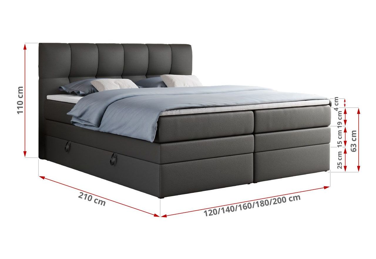 Łóżko kontynentalne ALVIN KING 200x200 - H4 - szary, ekoskóra