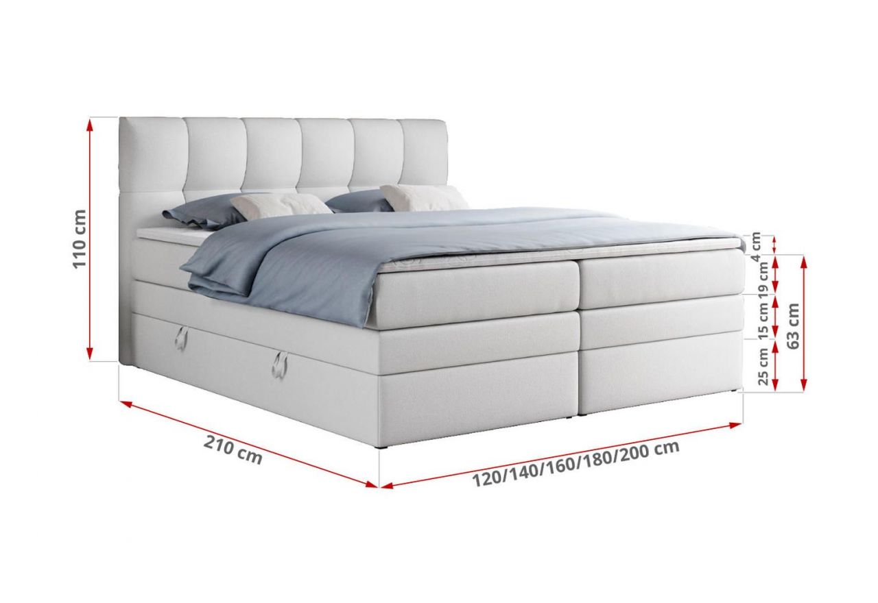 Łóżko kontynentalne ALVIN KING 120x200 - H3 - biały, ekoskóra