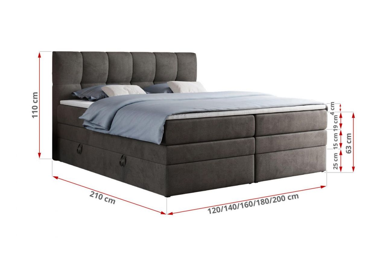 Łóżko kontynentalne ALVIN KING 120x200 - H3 - ciemnoszary, welwet