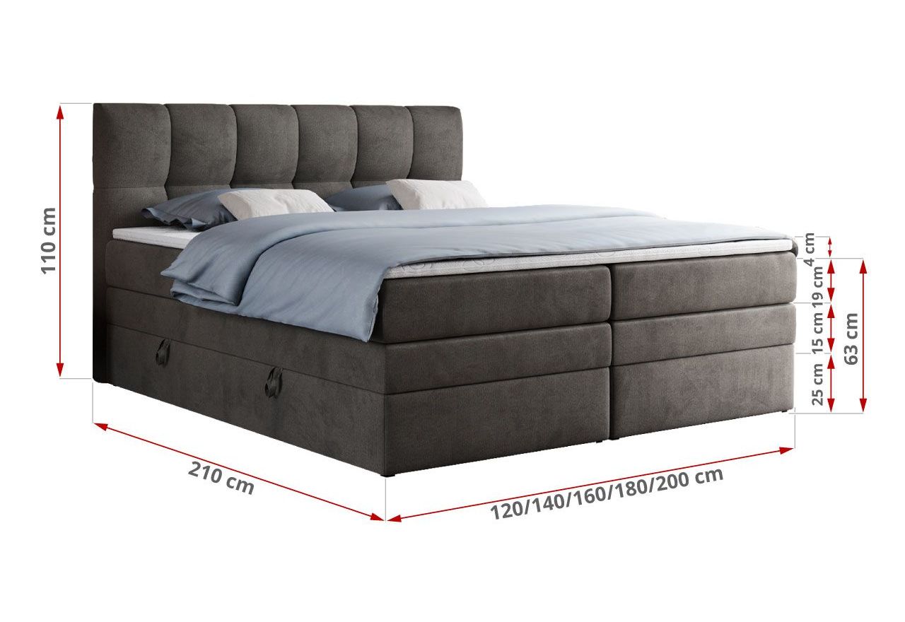 Łóżko kontynentalne ALVIN KING 120x200 - H4 - ciemnoszary, welwet