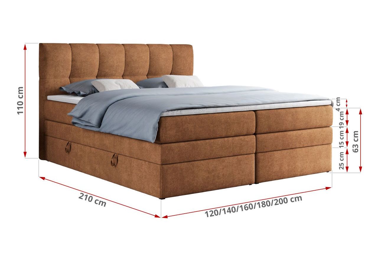 Łóżko kontynentalne ALVIN KING 200x200 - H4 - pomarańczowy, struktura