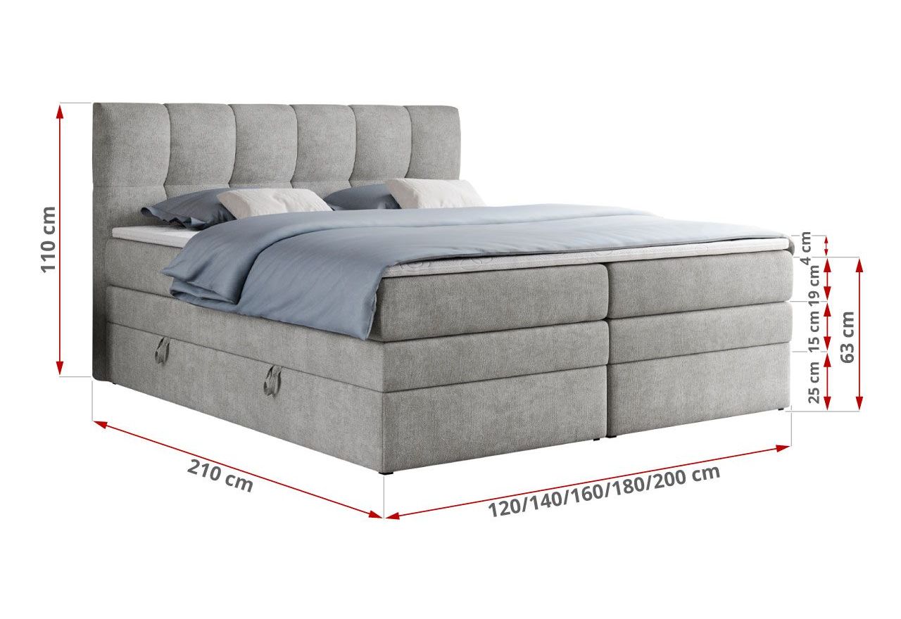 Łóżko kontynentalne ALVIN KING 160x200 - H4 - jasnoszary, struktura