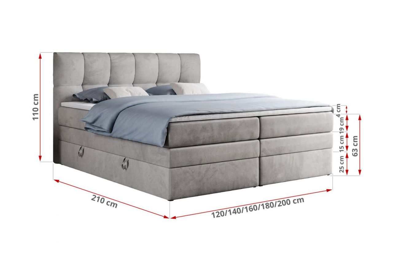 Łóżko kontynentalne ALVIN KING 120x200 - H3 - jasnoszary, welwet