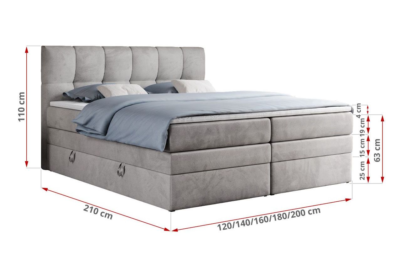 Łóżko kontynentalne ALVIN KING 160x200 - H3 - jasnoszary, welwet