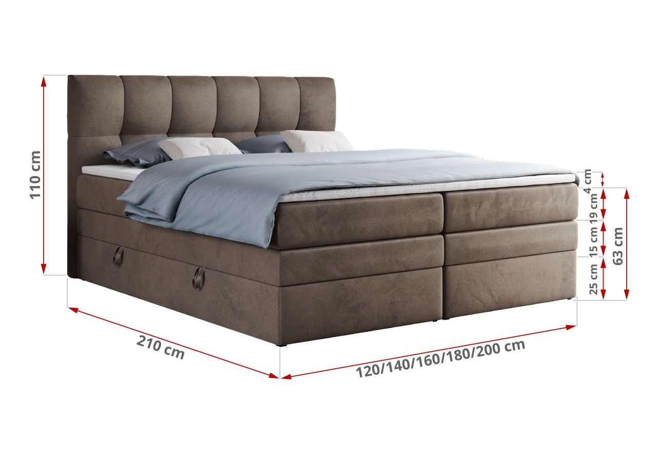 Łóżko kontynentalne ALVIN KING 140x200 - H3 - brązowy, welwet