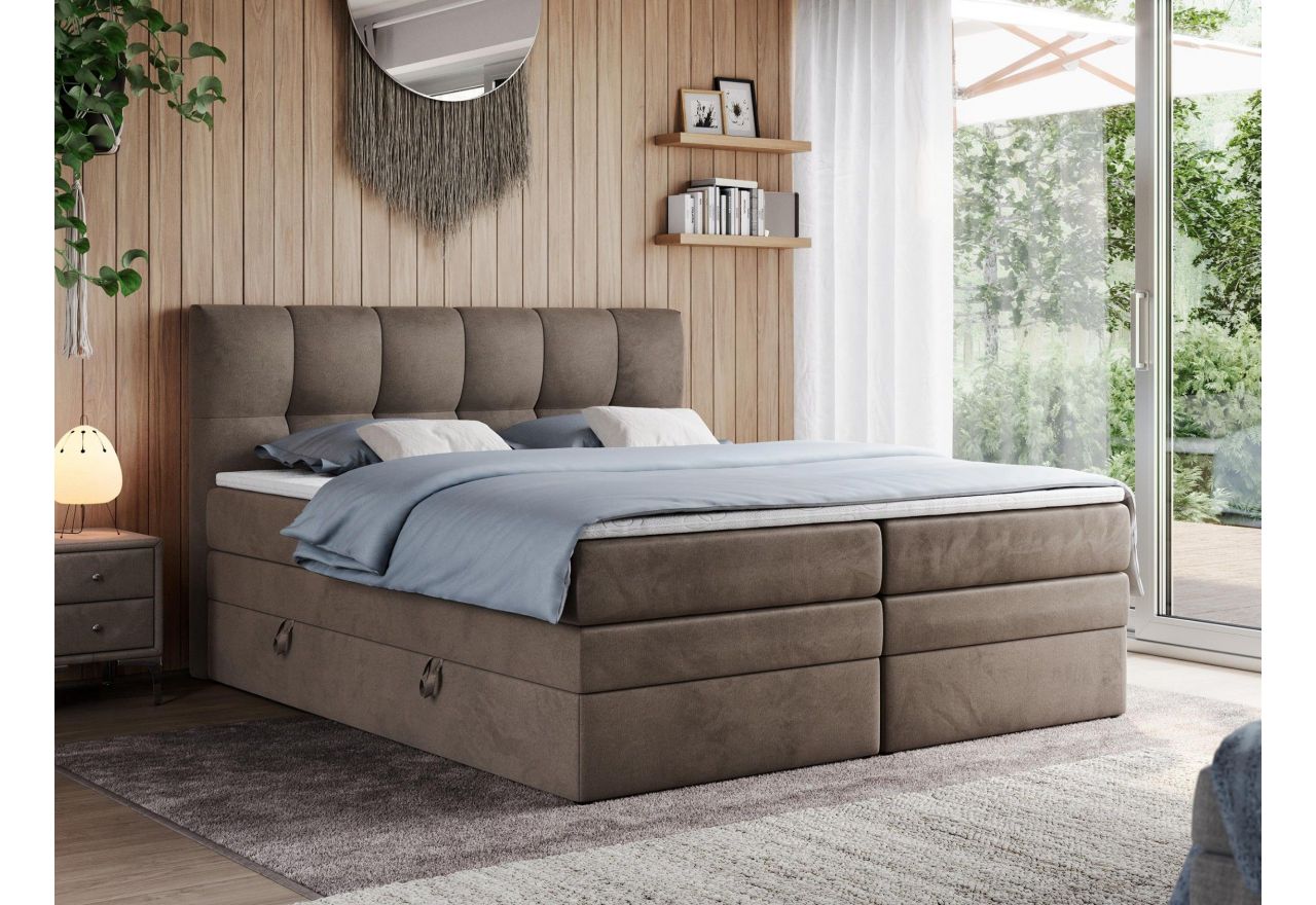 Łóżko kontynentalne ALVIN KING 200x200 - H3 - brązowy, welwet