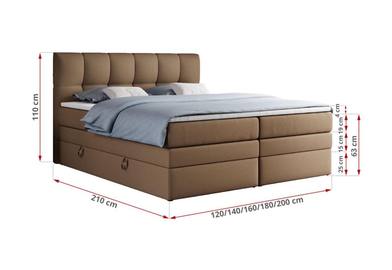 Łóżko kontynentalne ALVIN KING 120x200 - H3 - brązowy, ekoskóra