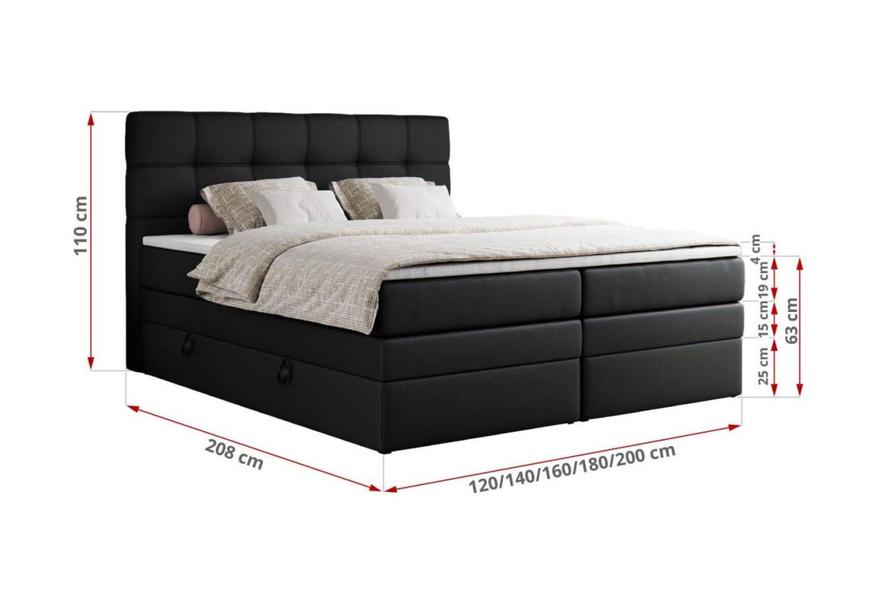Łóżko kontynentalne ERNI KING 120x200 - H3 - czarny, ekoskóra