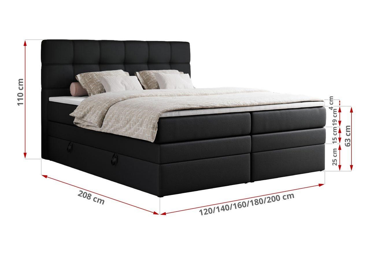 Łóżko kontynentalne ERNI KING 180x200 - H3 - czarny, ekoskóra