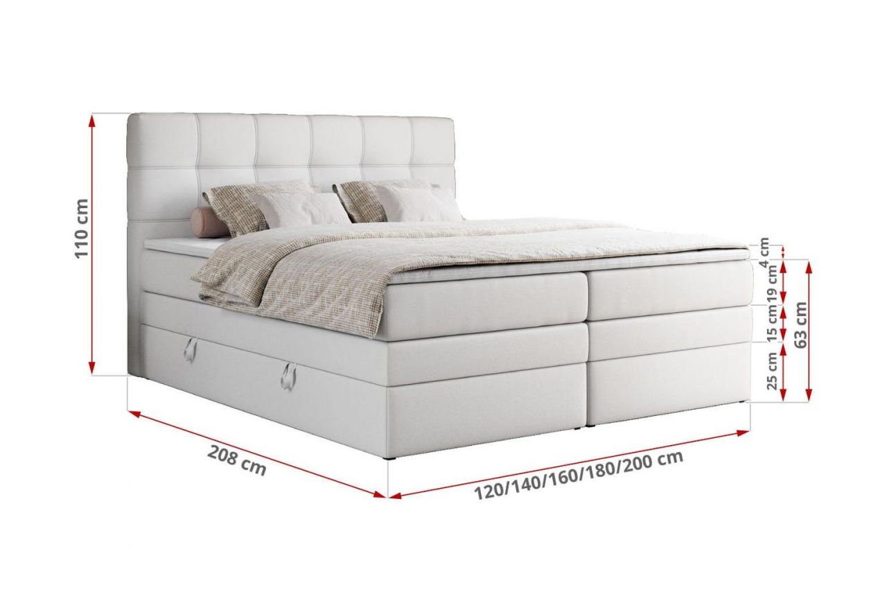 Łóżko kontynentalne ERNI KING 120x200 - H3 - biały, ekoskóra