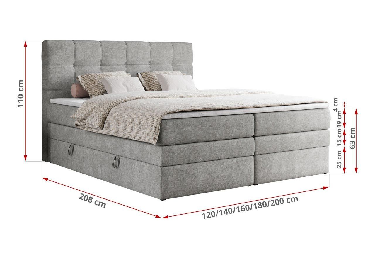 Łóżko kontynentalne ERNI KING 200x200 - H3 - jasnoszary, struktura