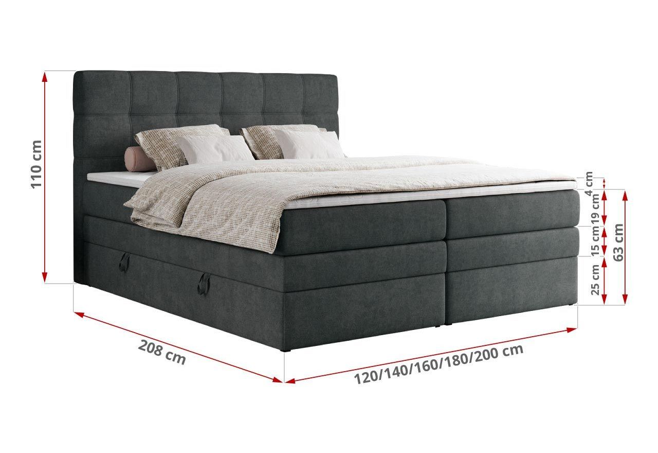 Łóżko kontynentalne ERNI KING 180x200 - H4 - ciemnoszary, struktura