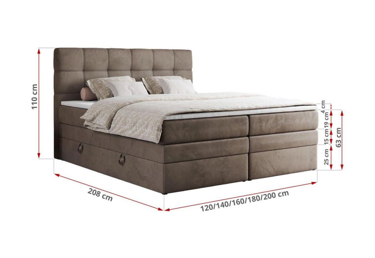 Łóżko kontynentalne ERNI KING 120x200 - H3 - brązowy, welwet