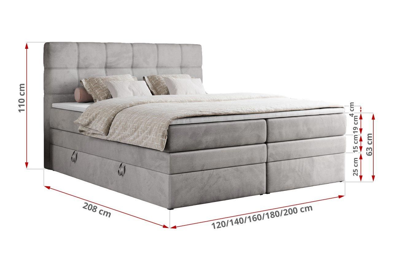 Łóżko kontynentalne ERNI KING 140x200 - H3 - jasnoszary, welwet