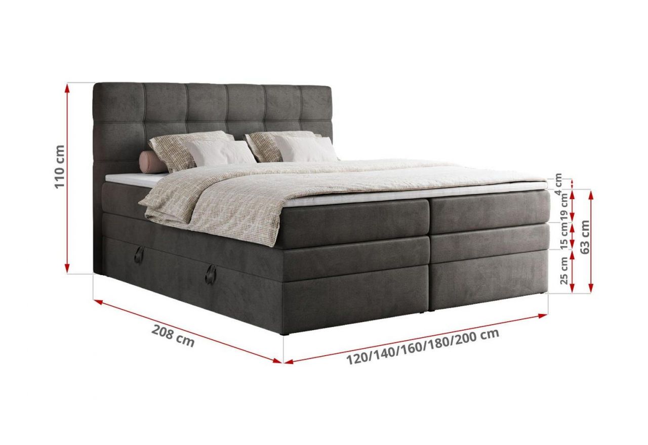 Łóżko kontynentalne ERNI KING 120x200 - H3 - ciemnoszary, welwet