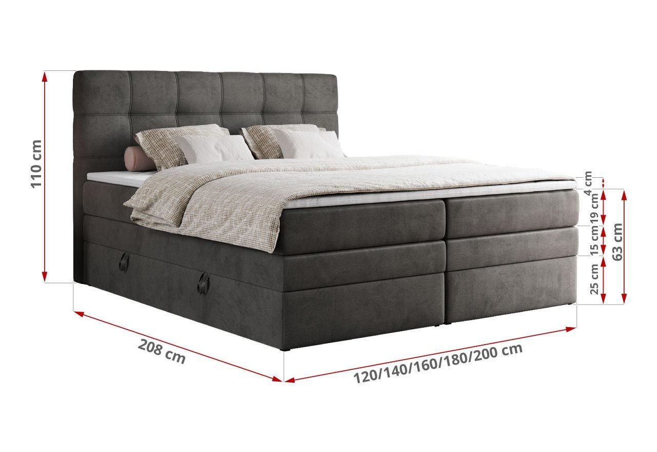 Łóżko kontynentalne ERNI KING 140x200 - H3 - ciemnoszary, welwet