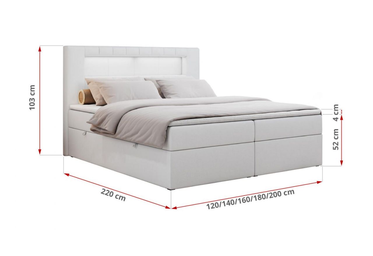 Łóżko kontynentalne GOLD 5 120x200 - H3 - biały, ekoskóra