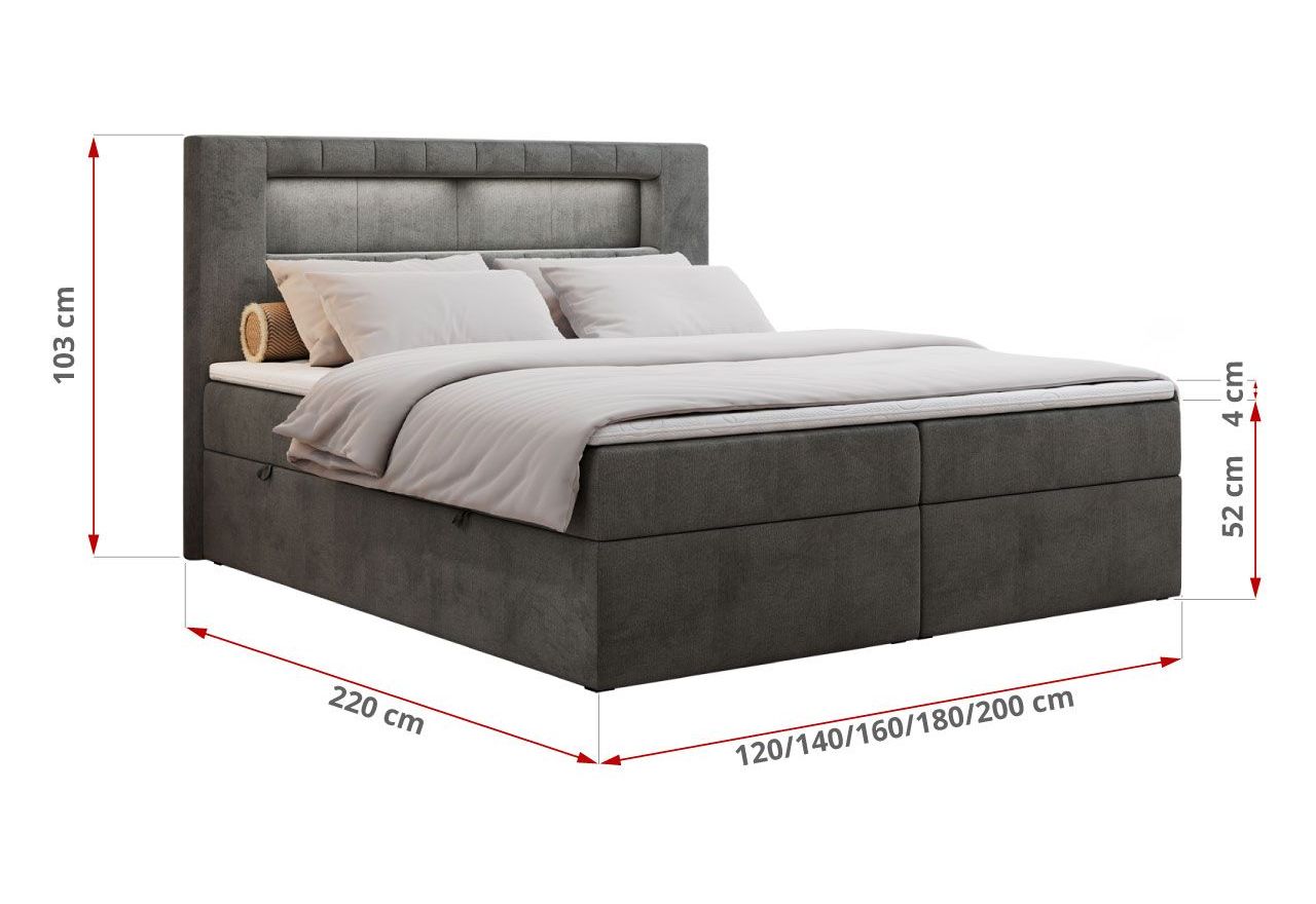 Łóżko kontynentalne GOLD 5 200x200 - H4 - ciemnoszary, welwet