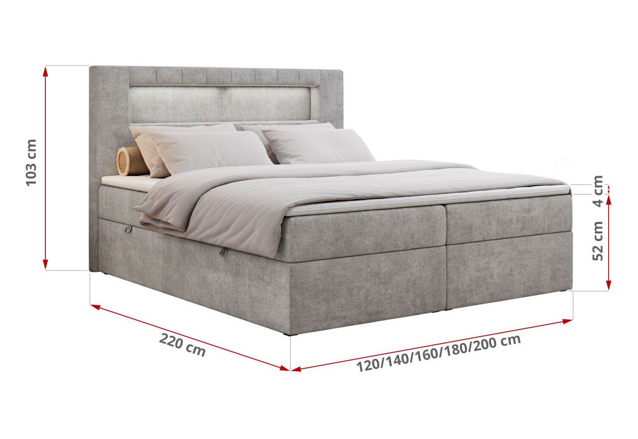 Łóżko kontynentalne GOLD 5 200x200 - H4 - jasnoszary, struktura