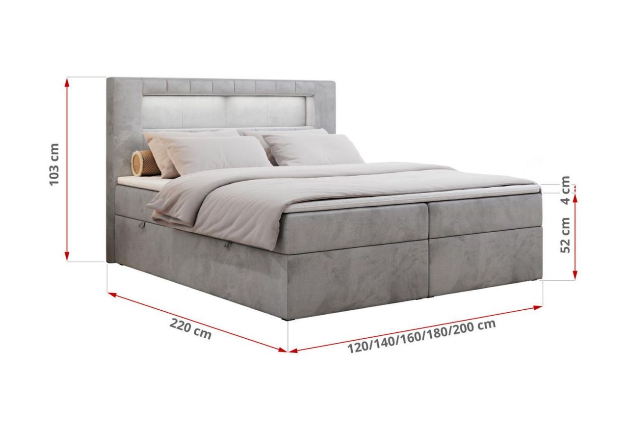 Łóżko kontynentalne GOLD 5 120x200 - H3 - jasnoszary, welwet