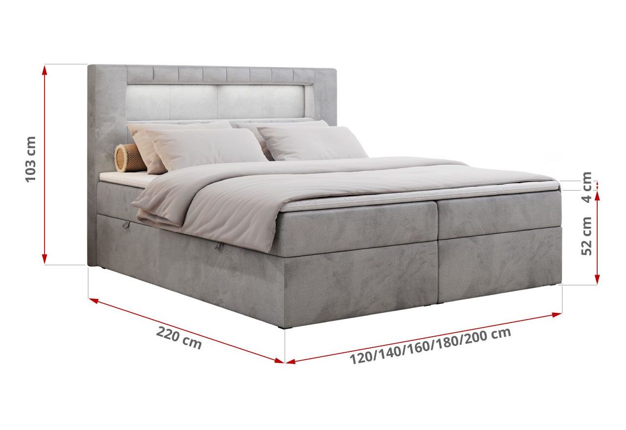 Łóżko kontynentalne GOLD 5 180x200 - H3 - jasnoszary, welwet
