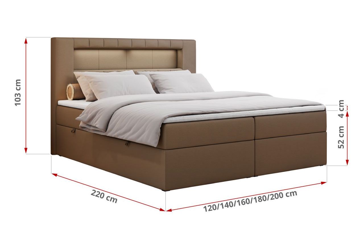 Łóżko kontynentalne GOLD 5 180x200 - H4 - brązowy, ekoskóra