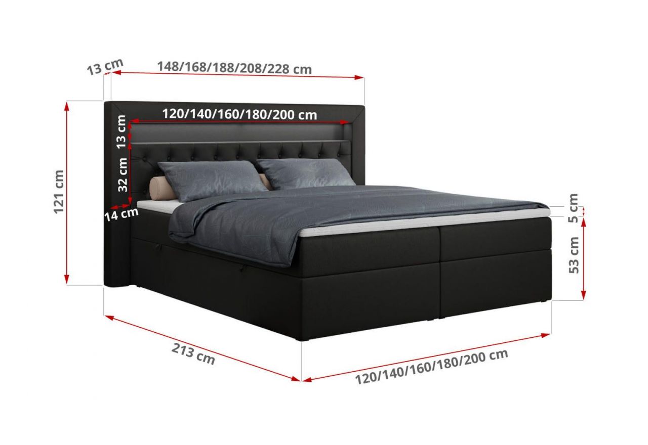 Łóżko kontynentalne GOLD 6 120x200 - H3 - czarny, ekoskóra