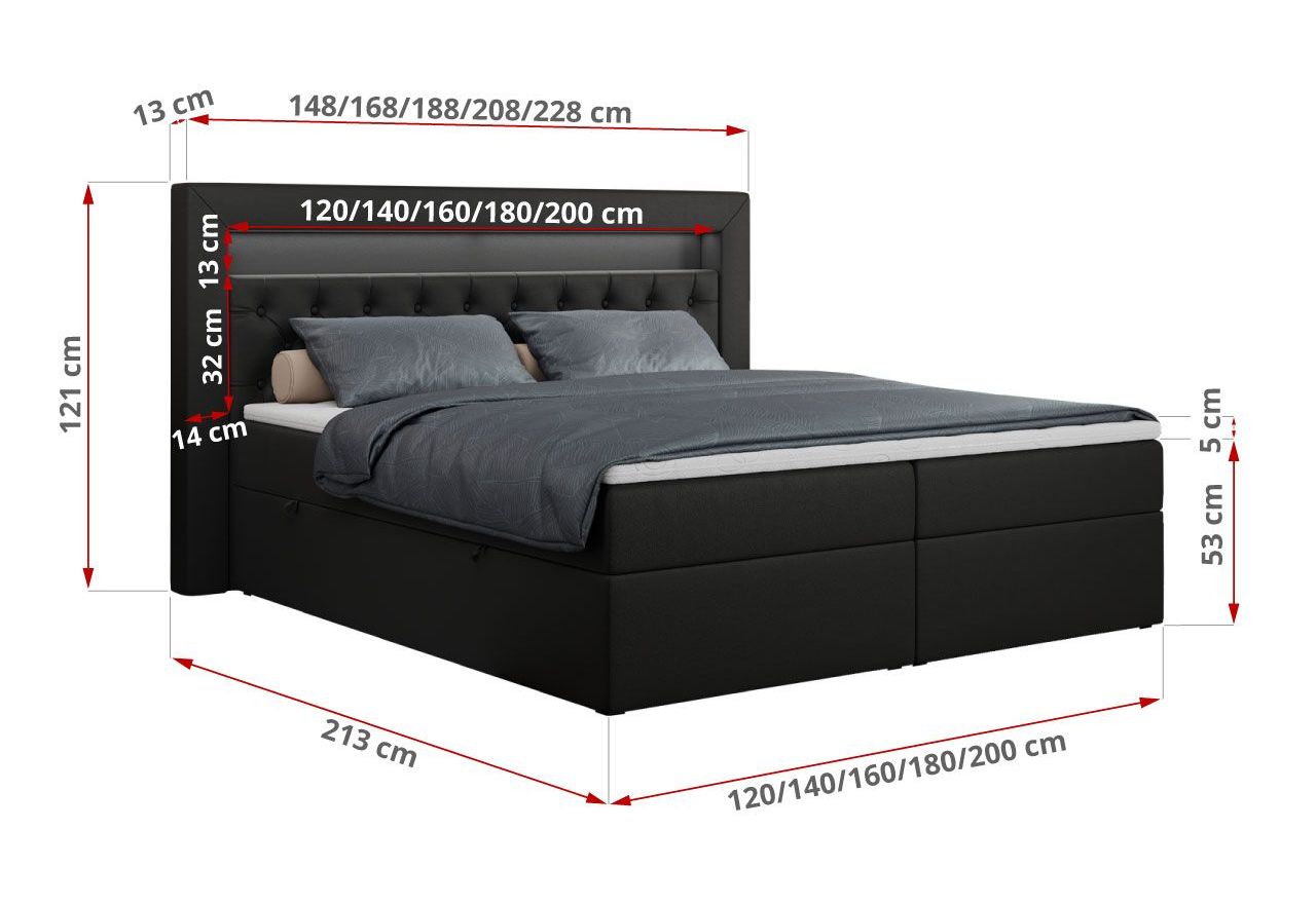 Łóżko kontynentalne GOLD 6 140x200 - H3 - czarny, ekoskóra