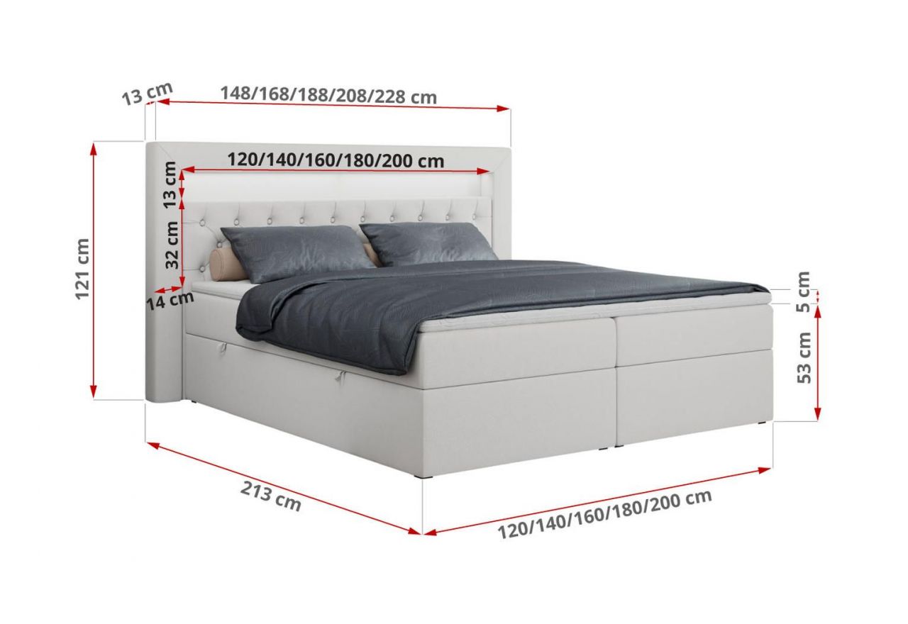 Łóżko kontynentalne GOLD 6 120x200 - H3 - biały, ekoskóra