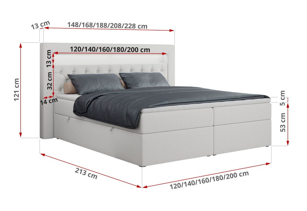Łóżko kontynentalne GOLD 6 200x200 - H3 - biały, ekoskóra