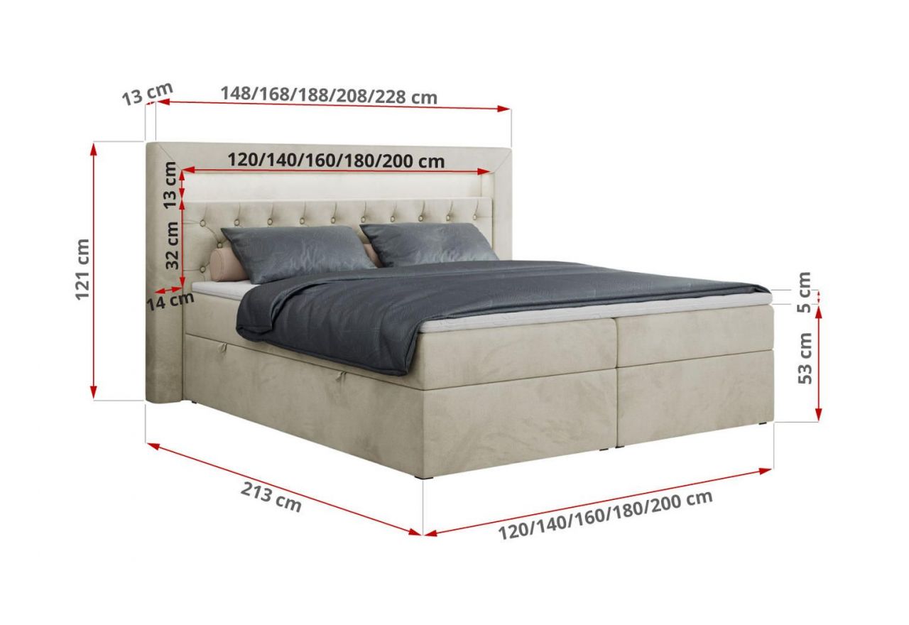 Łóżko kontynentalne GOLD 6 120x200 - H3 - beżowy, welwet