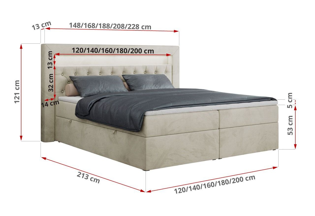 Łóżko kontynentalne GOLD 6 200x200 - H3 - beżowy, welwet