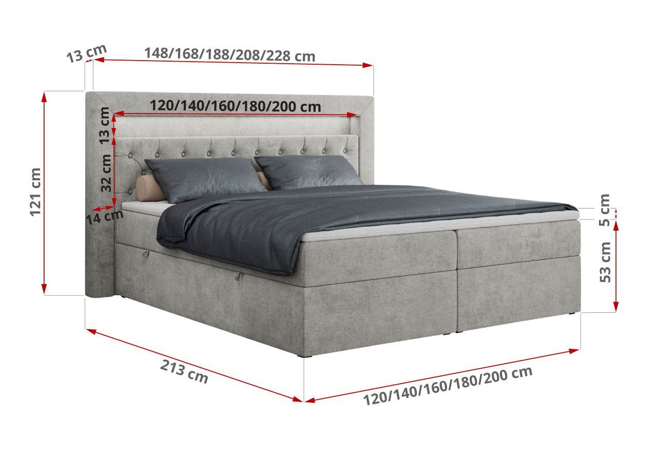 Łóżko kontynentalne GOLD 6 160x200 - H3 - jasnoszary, struktura