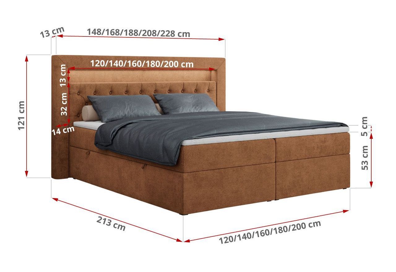 Łóżko kontynentalne GOLD 6 140x200 - H3 - pomarańczowy, struktura