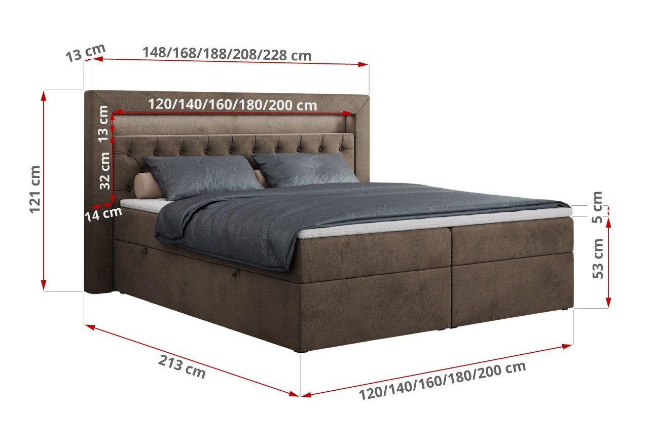 Łóżko kontynentalne GOLD 6 180x200 - H3 - brązowy, welwet