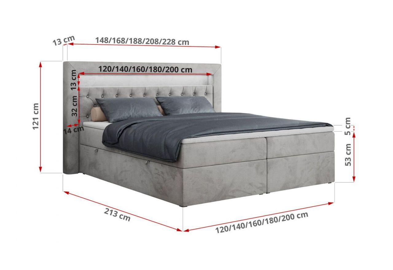 Łóżko kontynentalne GOLD 6 120x200 - H3 - jasnoszary, welwet