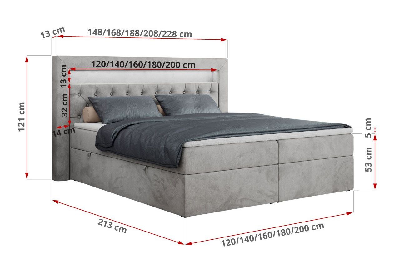 Łóżko kontynentalne GOLD 6 160x200 - H4 - jasnoszary, welwet