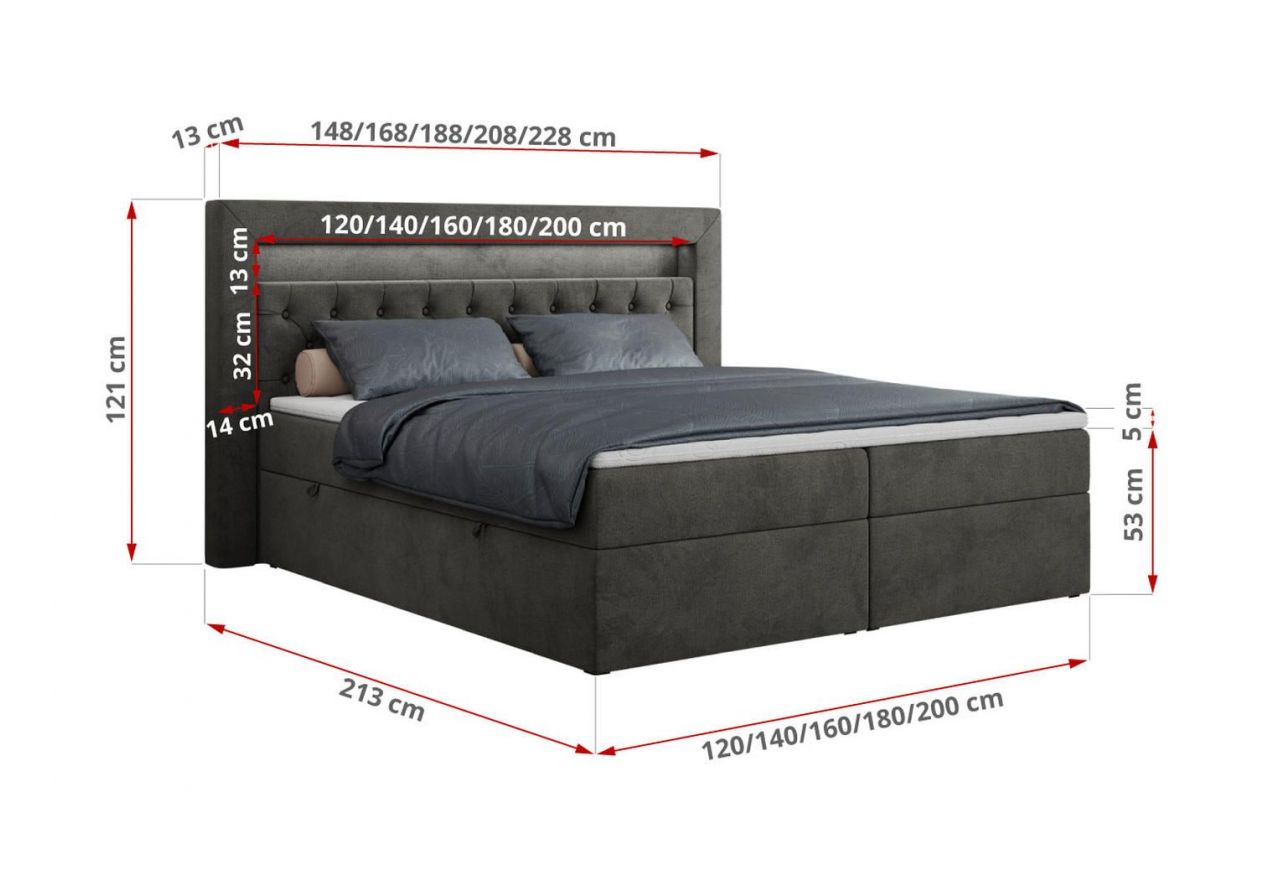 Łóżko kontynentalne GOLD 6 120x200 - H3 - ciemnoszary, welwet