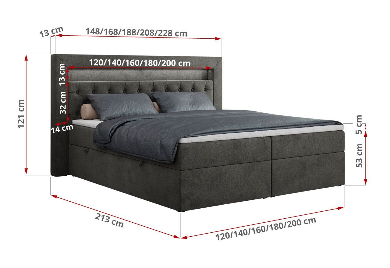 Łóżko kontynentalne GOLD 6 180x200 - H4 - ciemnoszary, welwet