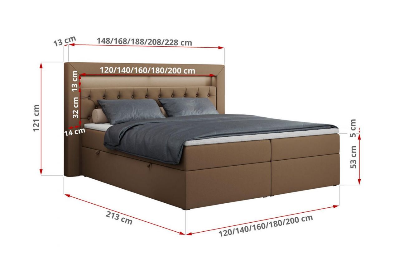 Łóżko kontynentalne GOLD 6 120x200 - H3 - brązowy, ekoskóra
