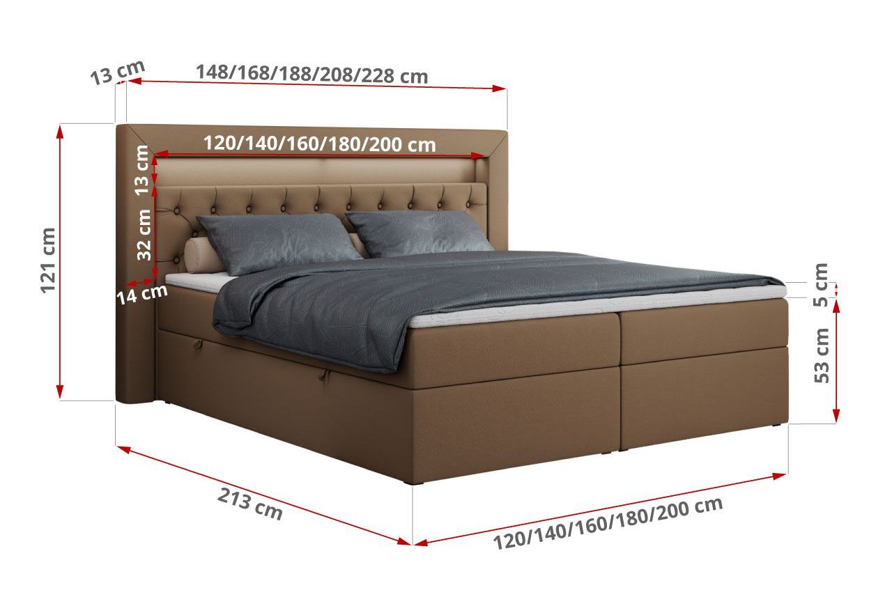 Łóżko kontynentalne GOLD 6 160x200 - H3 - brązowy, ekoskóra