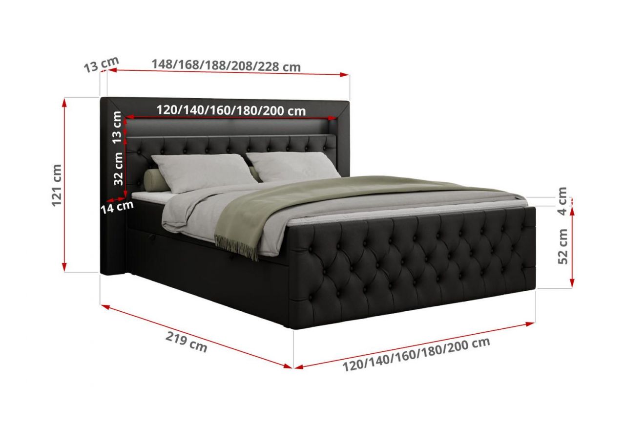 Łóżko kontynentalne GOLD 9 120x200 - H3 - czarny, ekoskóra