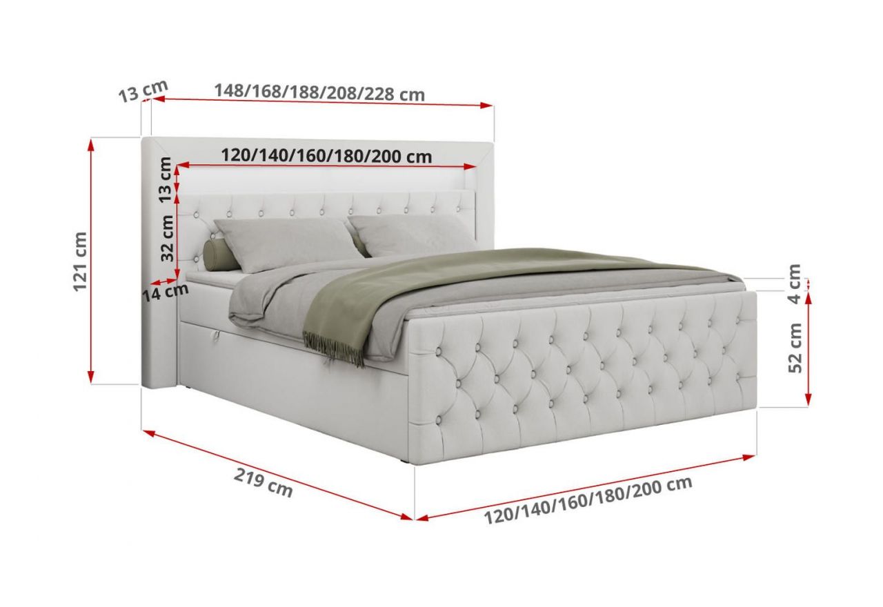 Łóżko kontynentalne GOLD 9 120x200 - H3 - biały, ekoskóra