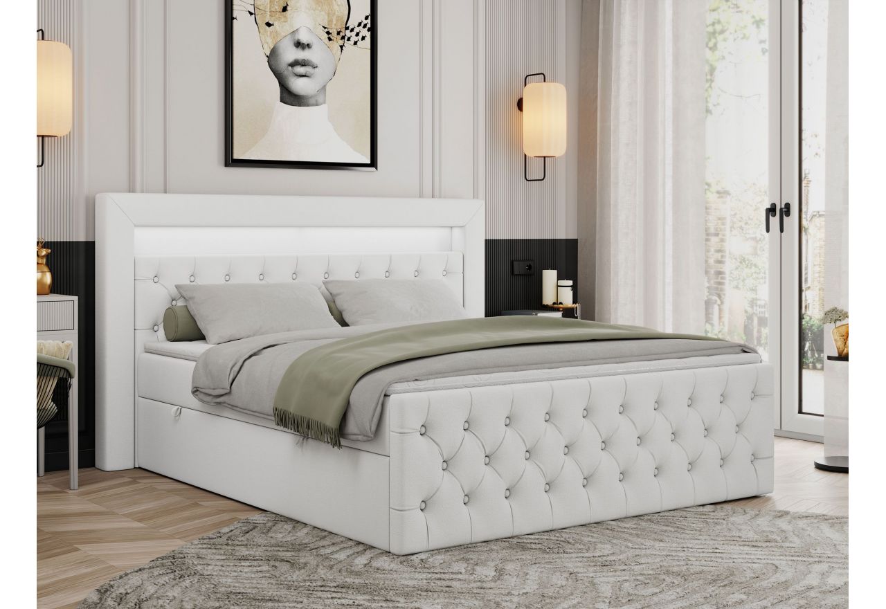 Łóżko kontynentalne GOLD 9 180x200 - H3 - biały, ekoskóra