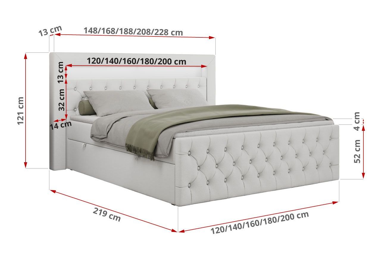 Łóżko kontynentalne GOLD 9 160x200 - H4 - biały, ekoskóra