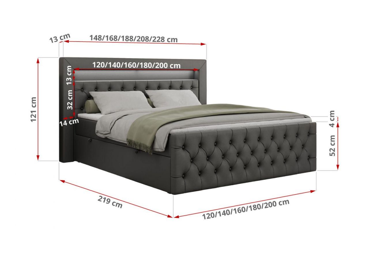 Łóżko kontynentalne GOLD 9 120x200 - H3 - ciemnoszary, ekoskóra