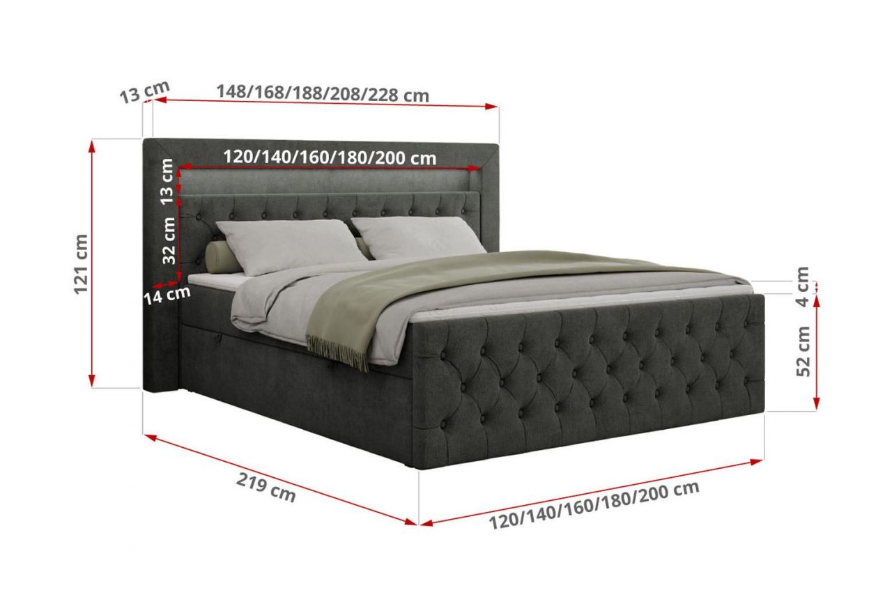 Łóżko kontynentalne GOLD 9 120x200 - H3 - ciemnoszary, struktura